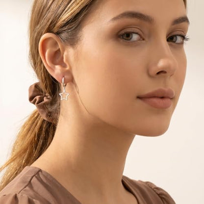 Reffeer Solid 925 Sterling Silver Star Hoop Dangle Earrings for Women Teen Girls Star Drop Earrings Huggie - color: A-Silver