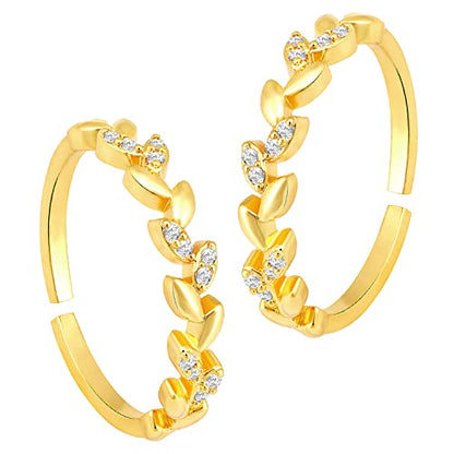 Aheli Cubic Zirconia Studded Leaf Style Adjustable Toe Ring Bichiya Fancy Jewellery for Women - color: Gold