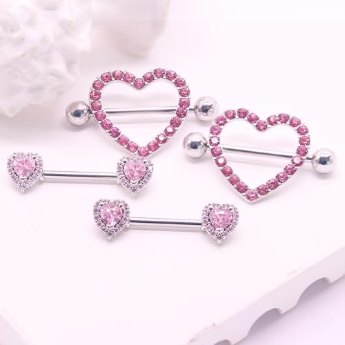 14G Nipple Rings for Women 316L Stainless Steel Heart,Butterfly,Moon,Devil,Flower Nipple Barbell CZ Nipple Rings Set Nipplerings Piercing Jewelry - color: pink