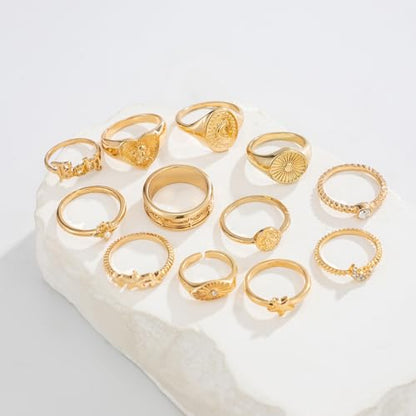 FUTIMELY Boho Retro Stackable Rings Sets for Women Knuckle Joint Finger Knuckle Nail Ring Sets Moon Stars Stack Preppy Statement Rings Cute Trendy Stuff Jewelry - style: G-12PC-Heart Rings