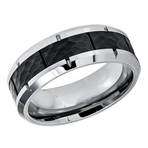 CRAAG- 8mm Tungsten Carbide Wedding Band, Two-Tone Silver Ring with Black IP Plated Hammered Finish Center, High-Polished Beveled Edge with Notches for Men and Women, Comfort Fit Scratchproof Anniversary Promise Band, Custom Engravable