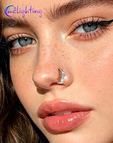 Melighting 20G Gold Nose Ring Hoop Stainless Steel 316L, 8 mm Star Nose Piercing Jewelry Silver Clicker, Beach Party Cartilage Lobe Earring for Daily Wear Women - color: Steel