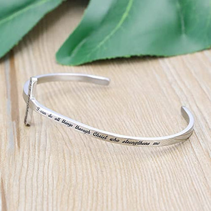 𝐂𝐫𝐨𝐬𝐬 𝐁𝐫𝐚𝐜𝐞𝐥𝐞𝐭 Religious Cuff Bangle 𝐁𝐢𝐛𝐥𝐞 𝐕𝐞𝐫𝐬𝐞 Christian Gifts Jewelry for 𝐖𝐨𝐦𝐞𝐧 - style: Silver cuff-I can do all things through Christ who strengthens me -Philippians 4:13