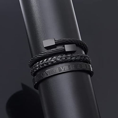 WFYOU 3PCS Stainless Steel Imperial Crown Bracelets for Men Gold Roman Numeral Bangle Bracelet Adjustable Cuff Bracelet Mens Luxury Jewelry Gifts - style: 09:Black- Square