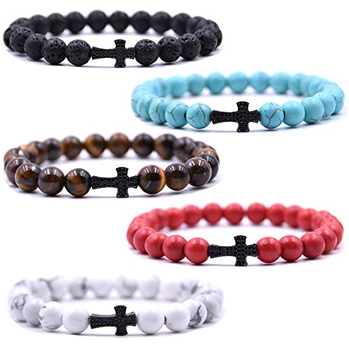 Beaded Bracelets Cross Bracelet for Women Men Lava Rock Turquoise Tiger Eye Natural Bracelet Anxiety Healing - color: 5Pcs-black zircon cross