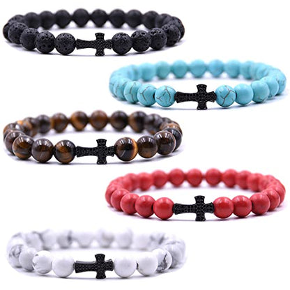 Beaded Bracelets Cross Bracelet for Women Men Lava Rock Turquoise Tiger Eye Natural Bracelet Anxiety Healing - color: 5Pcs-black zircon cross