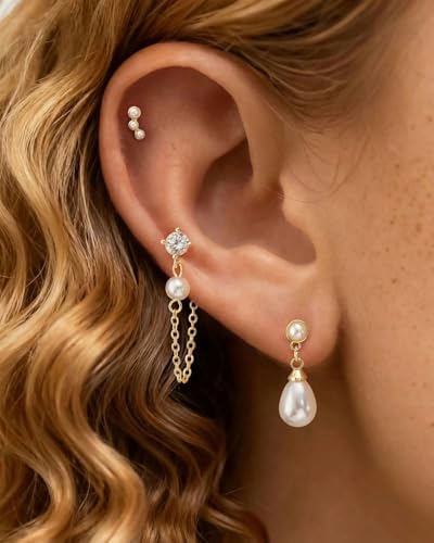 Pearl Earrings - 14k Gold or White Gold Plated Sparkle Cubic Zirconia Dainty Pearl Stud Earrings for Women Wedding Party Bridal - color: gold ear stack