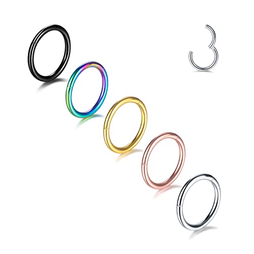 Aumeo 14G 16G 18G 20G Nose Ring Hoop Stainless Steel Hinged Segment Rings Hoops Nose Clicker Ring Tragus Helix Cartilage Daith Rook Earring Piercing Jewelry for Women Men - style: 5pcs 16g 7mm Mixed Colors