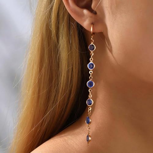 Ruby Crystal Dangle Earrings Red Rhinestone Tassel Drop Earrings Long Cz Chain Tassel Earrings Gold Huggie Hoop Earrings Ruby Wedding Earrings - color: Blue