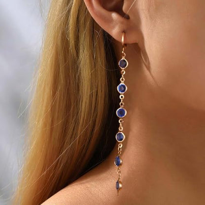 Ruby Crystal Dangle Earrings Red Rhinestone Tassel Drop Earrings Long Cz Chain Tassel Earrings Gold Huggie Hoop Earrings Ruby Wedding Earrings - color: Blue