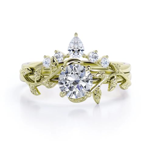 Center 1 CT Round Cut Floral Moissanite Wedding Rings Sets for Women Leaf and Vine Art Deco Engagement Ring Sets in S925 Sterling Silver 10K 14K 18K Gold with Text Engraving - color: Style C