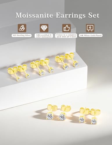 5 Pairs Moissanite Sterling Silver Stud Earrings Set for Women, Hypoallergenic, 2mm, 3mm, 4mm, 5mm - color: 14K Gold