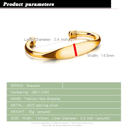 Dankadi Unisex 925 Sterling Silver Bangle Bracelet -Simple Women Men Torque Bracelet Solid Smooth Plain Polished On Cuff Fashion Fine Jewelry Gifts - color: Gold