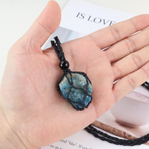 weryerker Natural Gemstone Pendant Necklace Healing Crystal Stone Pendant with Hand-Woven Rope Adjustable for Women Men - color: 1PC Blue apatite