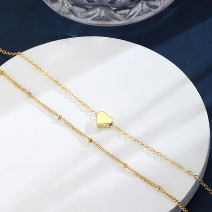 CAROVO Gold Ankle Bracelets for Women Waterproof,14K Gold Plated Bead Leaf Heart Dot Satellite Chain Layered Anklets Non Tarnish Summer Beach Jewelry Gift for Women - style: D: Heart&Satellite