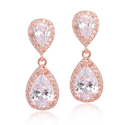 Pave Teardrop Earrings for Wedding Sterling Silver Double Pear Shaped CZ Cubic Zirconia Crystal Rhinestone Birthstone Dangle Earrings Bridal Jewelry for Bride Bridesmaids - color: Rose Gold