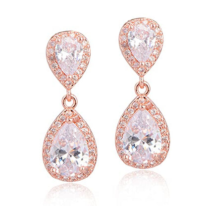 Pave Teardrop Earrings for Wedding Sterling Silver Double Pear Shaped CZ Cubic Zirconia Crystal Rhinestone Birthstone Dangle Earrings Bridal Jewelry for Bride Bridesmaids - color: Rose Gold
