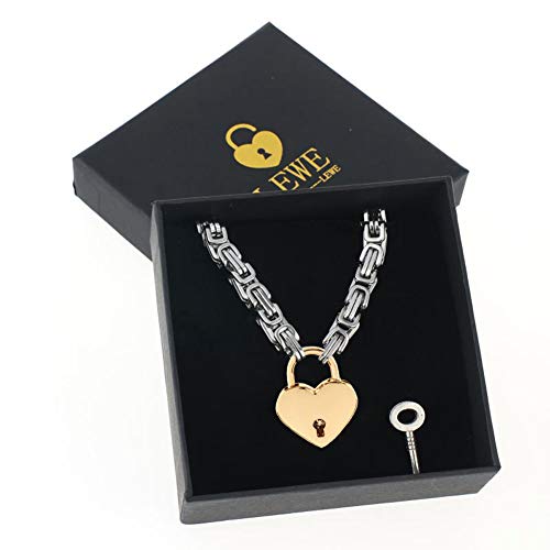 Heart Padlock Collar Stainless Steel Lock Necklace Byzantine Chain Necklace Locking Collar Choker for Men Women Jewelry - style: E