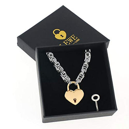 Heart Padlock Collar Stainless Steel Lock Necklace Byzantine Chain Necklace Locking Collar Choker for Men Women Jewelry - style: E
