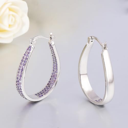 925 Sterling Silver Post Hoop Earrings for Women Gilrs Multcolors Cubic Zircon Hoops 14K Gold Plated Oval Chunky Hoop Earrings Jewelry Gift for Mothers Day/July 4th/Wedding/Party/Christmas - color: Purple