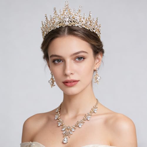 Women Tiaras and Crowns Bridal Jewelry Set with Rhinestones, Gold Plated Floral Necklace Tiara and Earrings, Wedding Birthday Party Accessories - color: Gold White