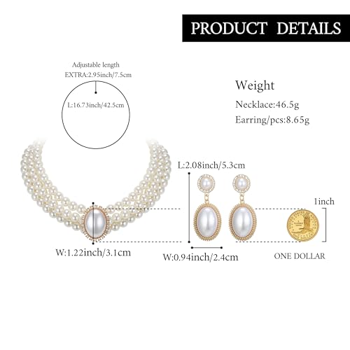 Vintage 1920s Costume Jewelry Multilayer Imitation Pearls Shiny Strand Choker Necklace Large Dangle Earrings for Women Wedding Halloween Cosplay Party Prom Accessories - style: Dangle