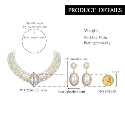 Vintage 1920s Costume Jewelry Multilayer Imitation Pearls Shiny Strand Choker Necklace Large Dangle Earrings for Women Wedding Halloween Cosplay Party Prom Accessories - style: Dangle