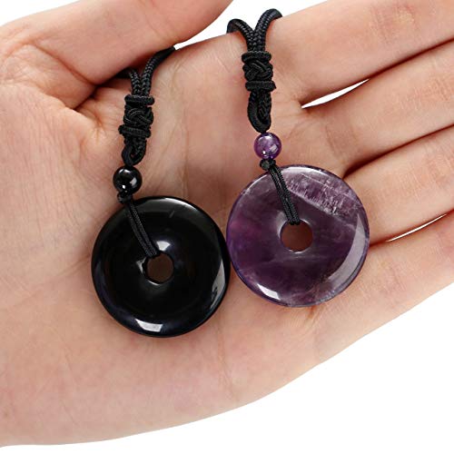 Jovivi 30mm Circle Donut Healing Crystals Necklace Natural Semi-Precious Chakra Gemstone Stone Amulet Lucky Coin Donuts Charm Protection Quartz Reiki Pendant Necklace for Men Women Adjustable Rope - color: 2pcs(Amethyst+Obsidian)