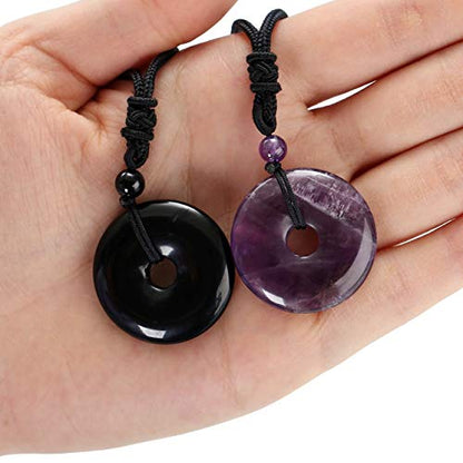 Jovivi 30mm Circle Donut Healing Crystals Necklace Natural Semi-Precious Chakra Gemstone Stone Amulet Lucky Coin Donuts Charm Protection Quartz Reiki Pendant Necklace for Men Women Adjustable Rope - color: 2pcs(Amethyst+Obsidian)