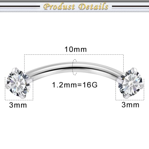 16G Eyebrow Piercing Jewelry Surgical Steel Cubic Zirconia Internally Threaded Vertical Labret Lip Jewelry Curved Barbell Tiny Eyebrow Rings Ear Rook Small Belly Button Ring for Women Men - color: silvertone,bar length:10mm