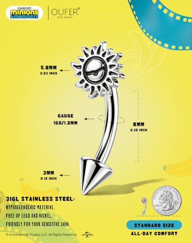 OUFER | Minions 16g Internally Threaded Eyebrow Piercing Jewelry | 316L Surgical Steel Minions Eye Sun Rook Earrings with 8mm Bar, Punk Design Helix Lip Piercing Jewelry for Women Men