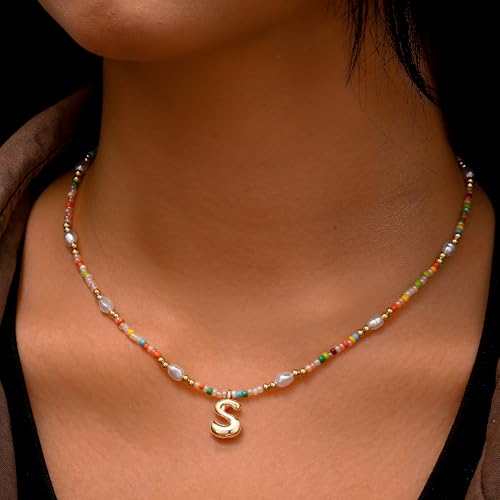 Ritach Initial Necklaces for Women Girls Kids - Light Colorful Beaded Pearl Initial Necklace Gold/Silver Bubble Pendant Letter Necklace for Women Teens Girls Kids Birthday Gifts - color: Gold, style: E