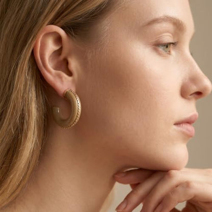 Gold Plated Resin Chunky Hoop Earrings Hypoallergenic Push Back Hoops for Sensitive Ears - color: Beige