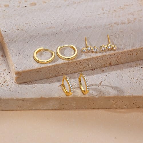 Freekiss 3 Pairs Hoop Earrings Set - Dainty Stud Dangle Cartilage for Women | Hypoallergenic Earrings, Cubic Zirconia Stackable Trendy Small Set Jewelry Gifts for Women - style: 3CZ rounded stud earrings-GD