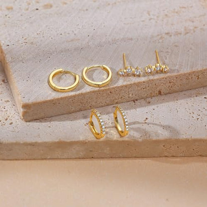 Freekiss 3 Pairs Hoop Earrings Set - Dainty Stud Dangle Cartilage for Women | Hypoallergenic Earrings, Cubic Zirconia Stackable Trendy Small Set Jewelry Gifts for Women - style: 3CZ rounded stud earrings-GD