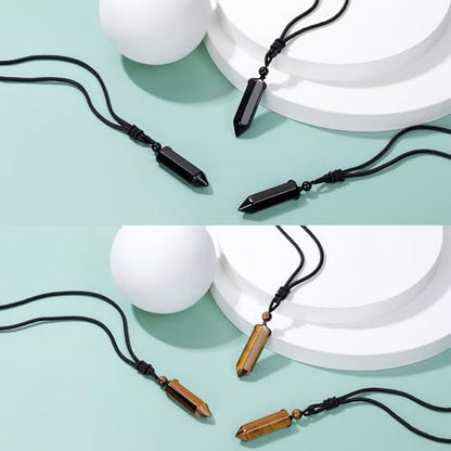 Top Plaza Healing Crystal Stone Necklaces for Men Hexagonal Pendant Necklaces Adjustable Braided Rope Natural Gemstone Necklace Jewelry Christmas Gift for Dad, Husband - color: 2pcs-Tiger Eye Stone+Black Obsidian