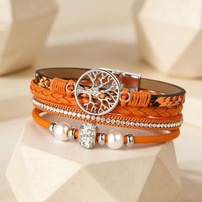 hotoo Leather Wrap Bracelets for Women Tree of Life Cuff Bracelets Pearl Rhinestone Bead Multi-Layer Bracelets Bohemian Jewelry Gift for Women - color: Orange