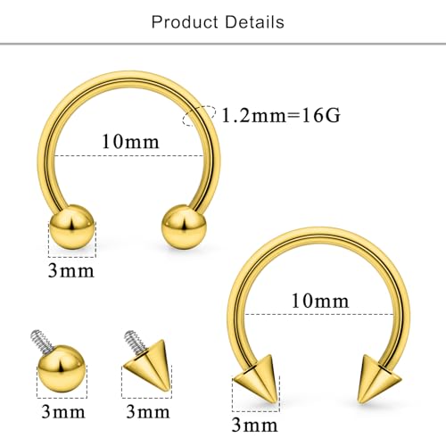 Lcolyoli 16g Septum Rings Internally Threaded Surgical Steel Septum Jewelry Lip Rings Hoop Labret Jewelry Snake Bite Piercing Jewelry Horseshoe Earrings Daith Piercing Jewelry for Women Men - color: 16g,Inner diameter:10mm,goldtone