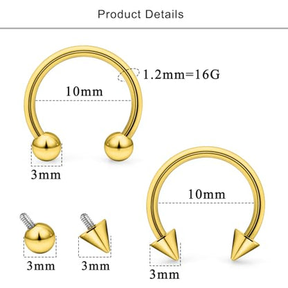 Lcolyoli 16g Septum Rings Internally Threaded Surgical Steel Septum Jewelry Lip Rings Hoop Labret Jewelry Snake Bite Piercing Jewelry Horseshoe Earrings Daith Piercing Jewelry for Women Men - color: 16g,Inner diameter:10mm,goldtone