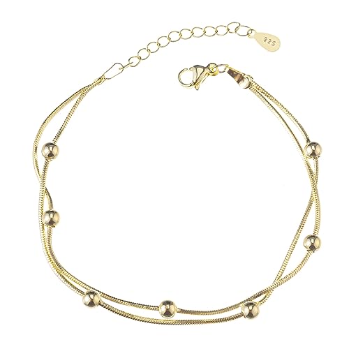 14K White Gold Plated Link Bracelet for Women Heart Star Round Beaded Charms Dainty Chain Simple Jewelry Gifts - color: layered round-gold