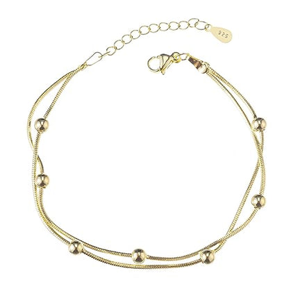 14K White Gold Plated Link Bracelet for Women Heart Star Round Beaded Charms Dainty Chain Simple Jewelry Gifts - color: layered round-gold