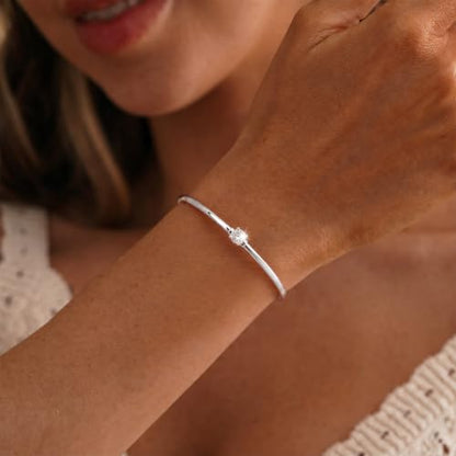 Gold Cuff Bracelets for Women, 14K Gold Plated Dainty Open CZ Cuff Bracelet Adjustable Stackable Open Bangle Bracelet Birthday Jewelry Gift for Her - color: Round CZ-Silver