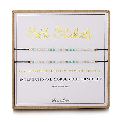 RareLove 2 Pieces Best Bitches Friendship Morse Code Bracelet Inspiration Best Friends Gift For 3 Blue White Tiny Pony Seed Beads Black String Bracelets