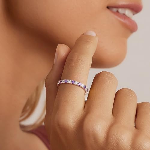 Birthstone Rings Eternity Band 925 Sterling Silver/Yellow Gold-Plated Created Gemstone Stackable Wedding Band 2.7mm Thin Half Eternity Rings for Women Size 6 to 10 - color: 02-Amethyst-Feb.
