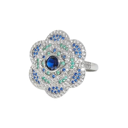 Cocktail Rings Silver Rose Flower Ring for Women Adjustable 18K Gold Plated Snowflake Open Wrap Wedding Statement Valentine Gift for Lover Wife Christmas - style: JZ06 Flower Ring-Blue
