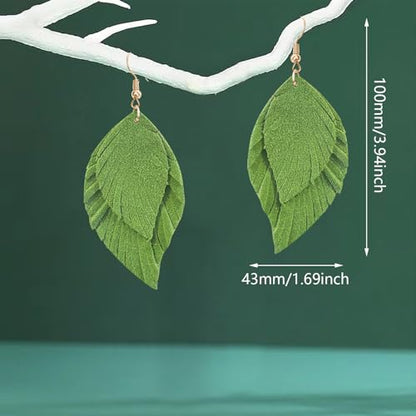 Handmade Bohemian Large Soft Genuine Leather Fringe Double Feather Dangle Drop Earrings Lightweight Simple Color PU Leaf Hook Earrings for Women - color: Green