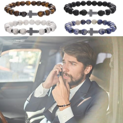 Beaded Bracelets Cross Bracelet for Women Men Lava Rock Turquoise Tiger Eye Natural Bracelet Anxiety Healing - color: 10 Pcs- black Hematite cross