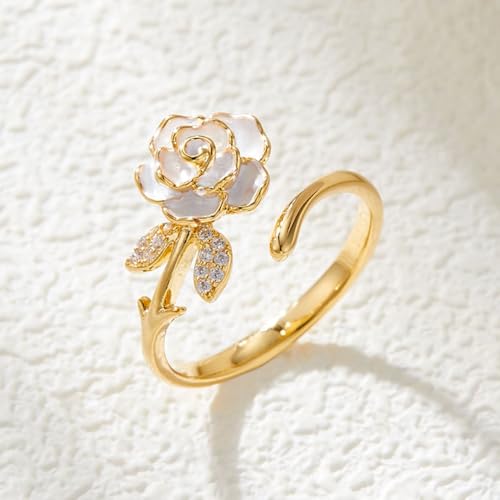 Elegant Cz Camellia Adjustable Open Band Statement Ring for Women Gold Tone Dainty Crystal Enamel Floral Statement Finger Band Rings Wedding Party Fashion Jewelry