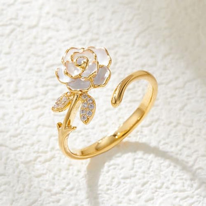 Elegant Cz Camellia Adjustable Open Band Statement Ring for Women Gold Tone Dainty Crystal Enamel Floral Statement Finger Band Rings Wedding Party Fashion Jewelry