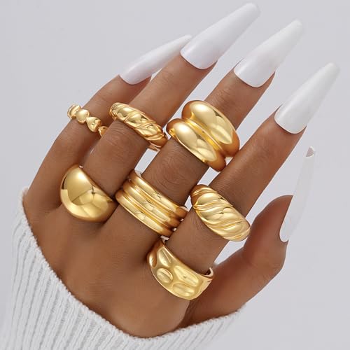 17 MILE Chunky Gold Stackable Rings for Women Non Tarnish, 18K Gold-Plated Statement Open Stacking Rings, Knuckle Band Ring Set - color: Gold 7 Pcs Open